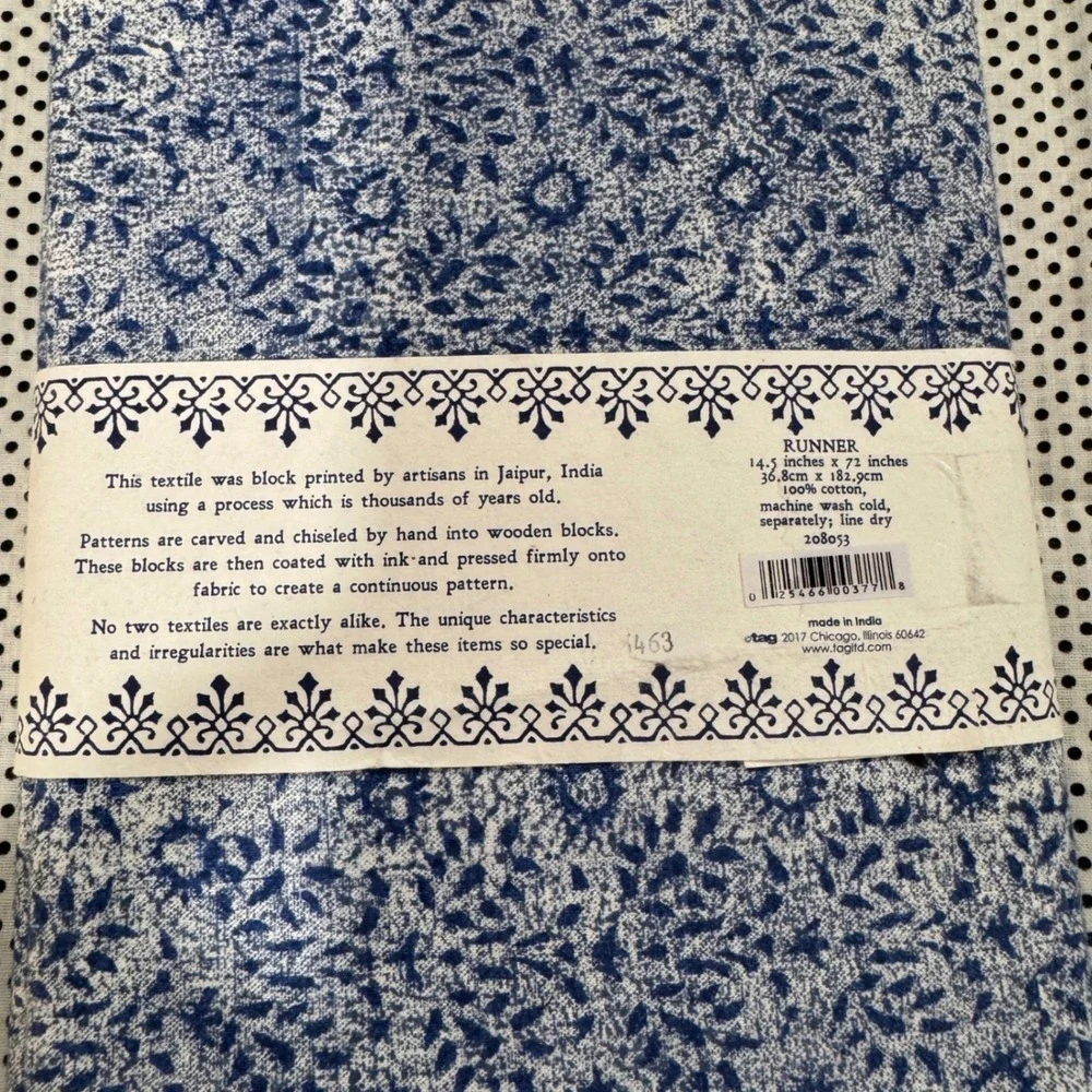 Tag Hand Block Printed Table Runner Blue White Floral 100% Cotton 14.5x72 Jaipur